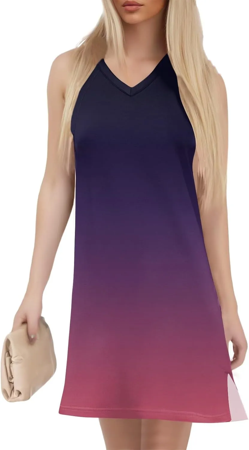 Beach Dresses for Women Tropical Vacation Outfits Sleeveless V Neck Sundress Loose Fit Tank Dress