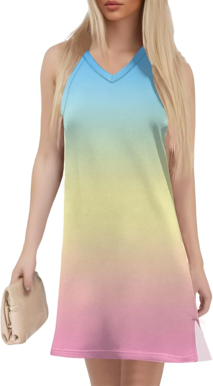 Beach Dresses for Women Tropical Vacation Outfits Sleeveless V Neck Sundress Loose Fit Tank Dress
