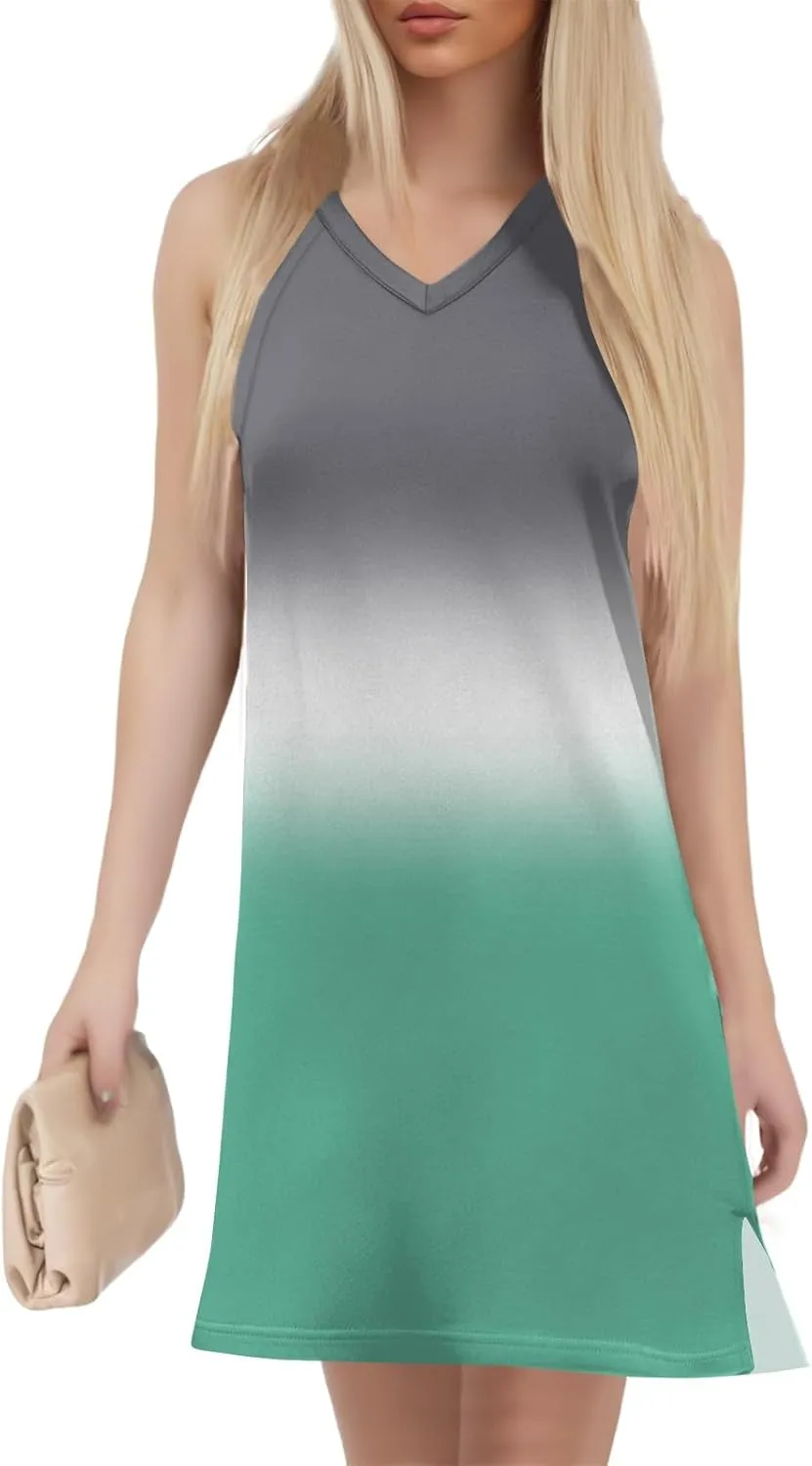Beach Dresses for Women Tropical Vacation Outfits Sleeveless V Neck Sundress Loose Fit Tank Dress
