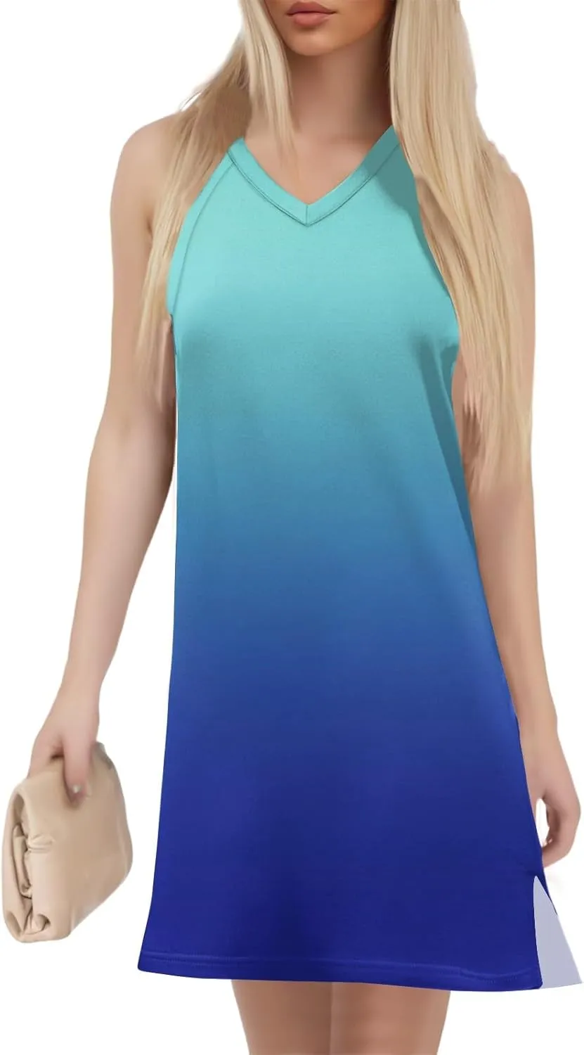 Beach Dresses for Women Tropical Vacation Outfits Sleeveless V Neck Sundress Loose Fit Tank Dress