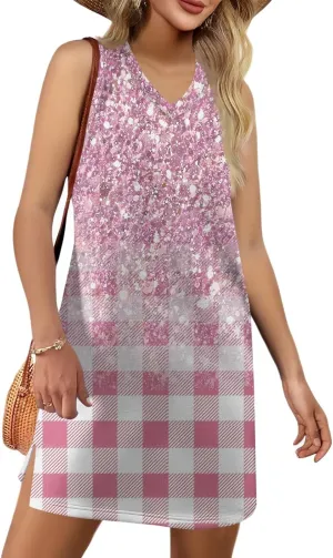 Beach Dresses for Women Tropical Vacation Outfits Sleeveless V Neck Sundress Loose Fit Tank Dress