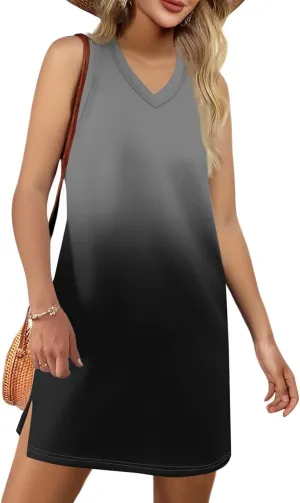 Beach Dresses for Women Tropical Vacation Outfits Sleeveless V Neck Sundress Loose Fit Tank Dress