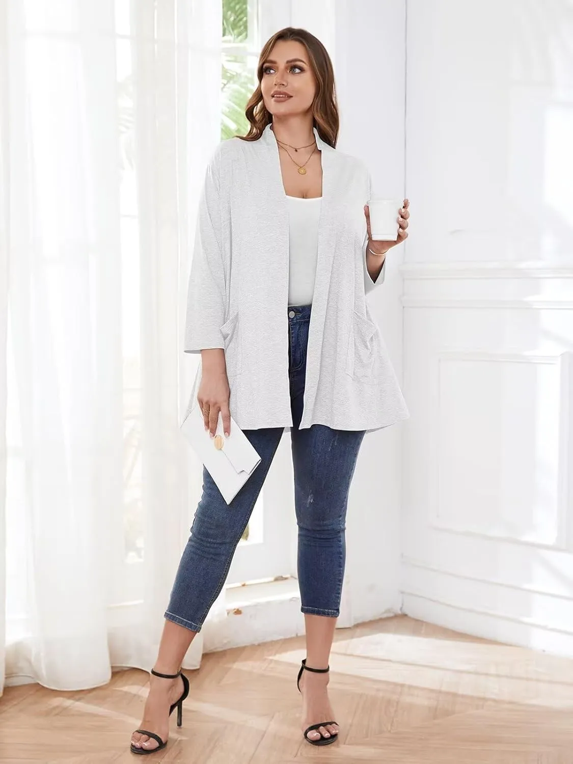 BELAROI Women Cardigan Casual Lightweight Plus Size Cardigan 3/4 Sleeve Open Front Soft Light Cardigan Drape Duster