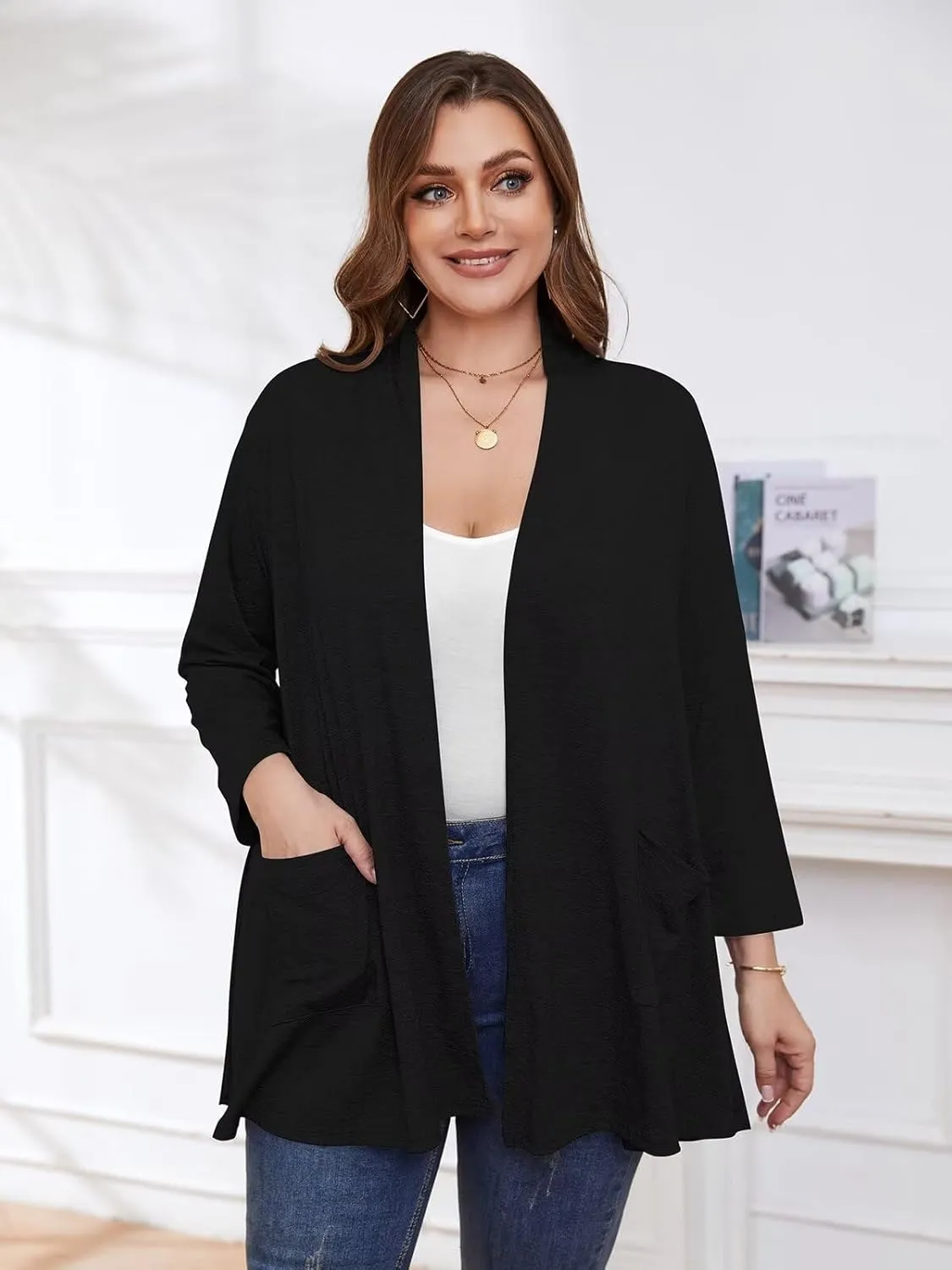 BELAROI Women Cardigan Casual Lightweight Plus Size Cardigan 3/4 Sleeve Open Front Soft Light Cardigan Drape Duster