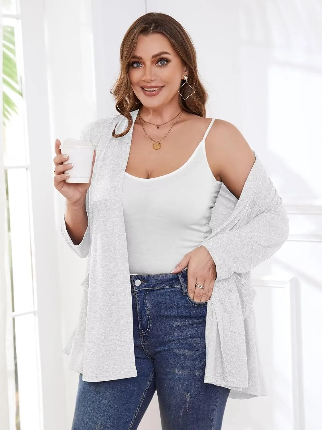 BELAROI Women Cardigan Casual Lightweight Plus Size Cardigan 3/4 Sleeve Open Front Soft Light Cardigan Drape Duster