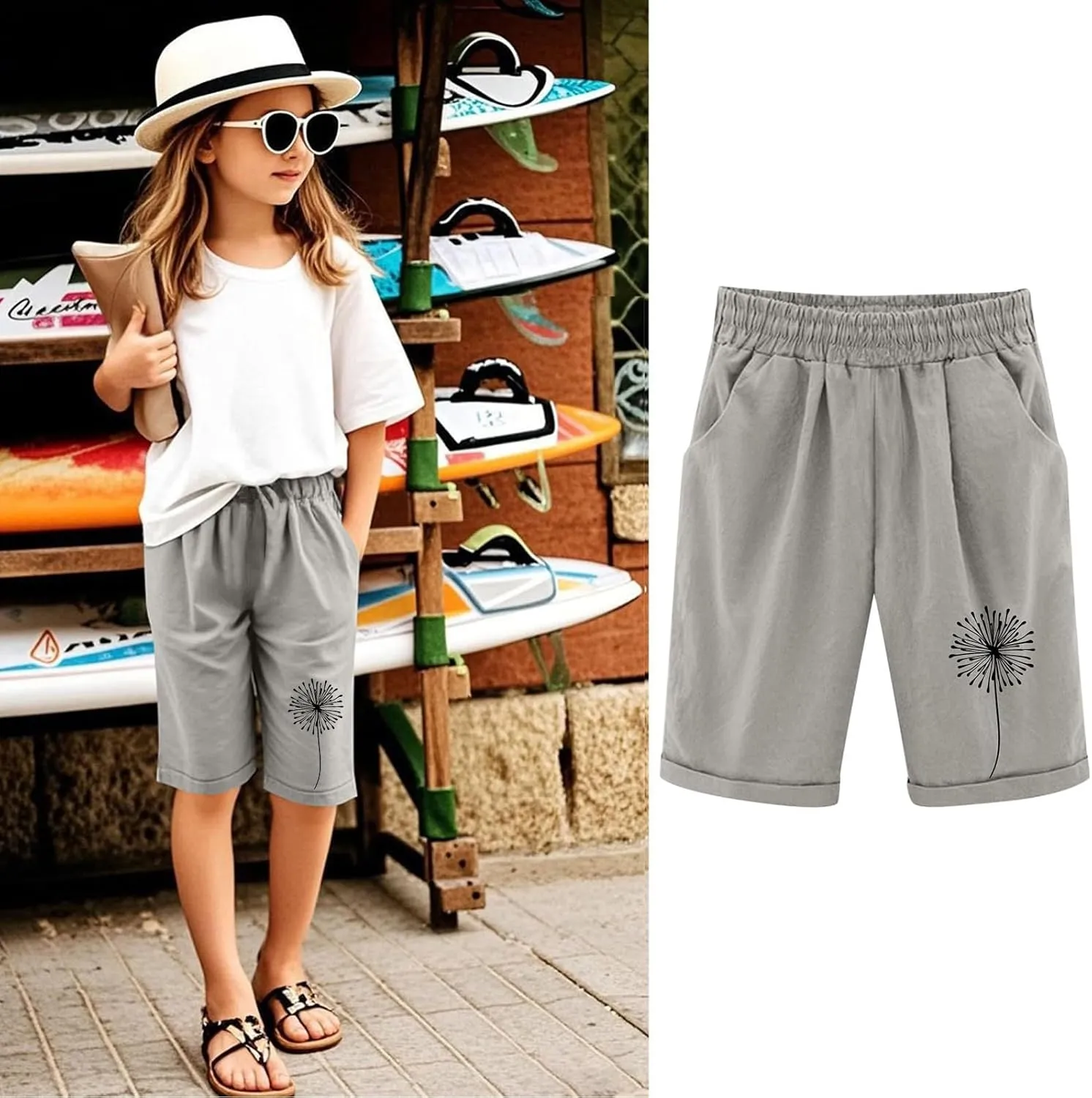 Bermuda Shorts for Teen Girls Knee Length Cotton Linen Lightweight Summer Shorts Toddler Straight Leg Beach Short Kids
