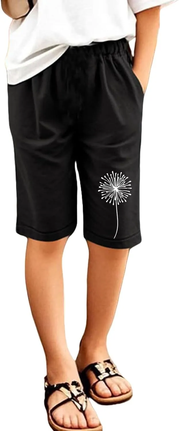 Bermuda Shorts for Teen Girls Knee Length Cotton Linen Lightweight Summer Shorts Toddler Straight Leg Beach Short Kids