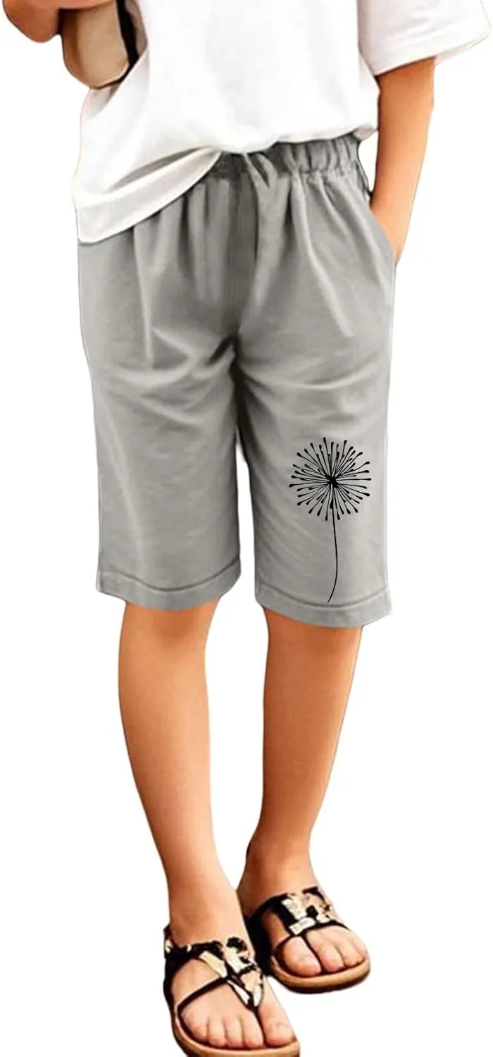 Bermuda Shorts for Teen Girls Knee Length Cotton Linen Lightweight Summer Shorts Toddler Straight Leg Beach Short Kids