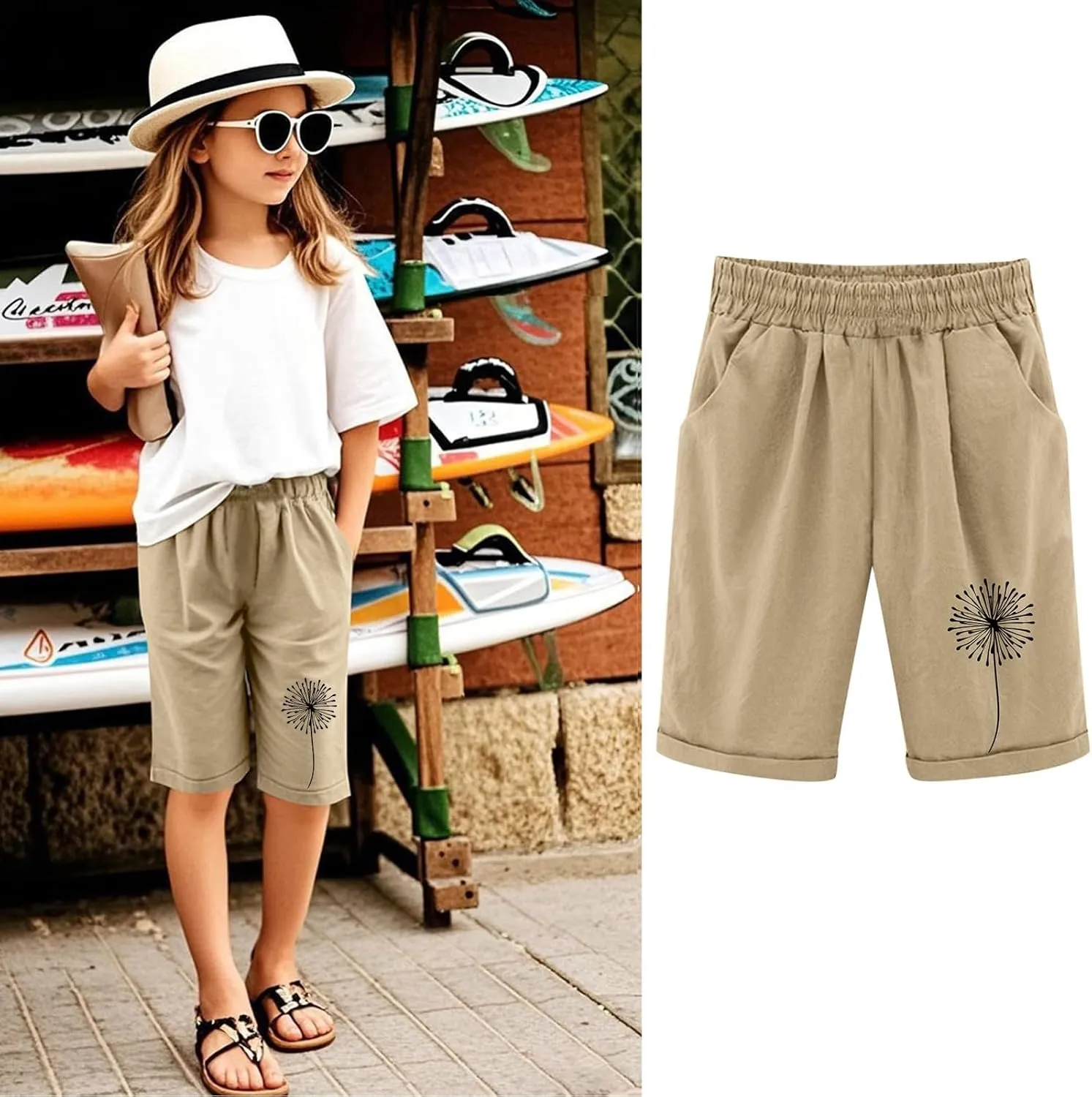 Bermuda Shorts for Teen Girls Knee Length Cotton Linen Lightweight Summer Shorts Toddler Straight Leg Beach Short Kids