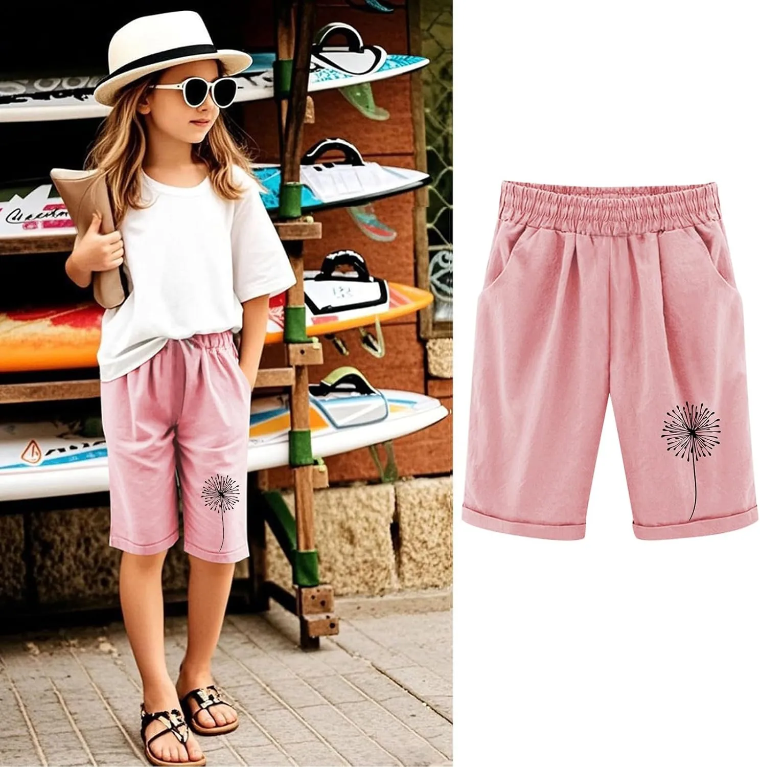 Bermuda Shorts for Teen Girls Knee Length Cotton Linen Lightweight Summer Shorts Toddler Straight Leg Beach Short Kids