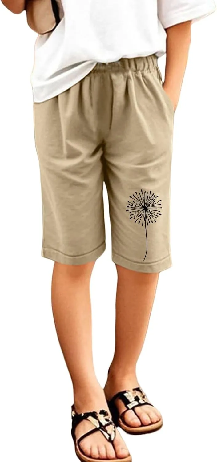 Bermuda Shorts for Teen Girls Knee Length Cotton Linen Lightweight Summer Shorts Toddler Straight Leg Beach Short Kids