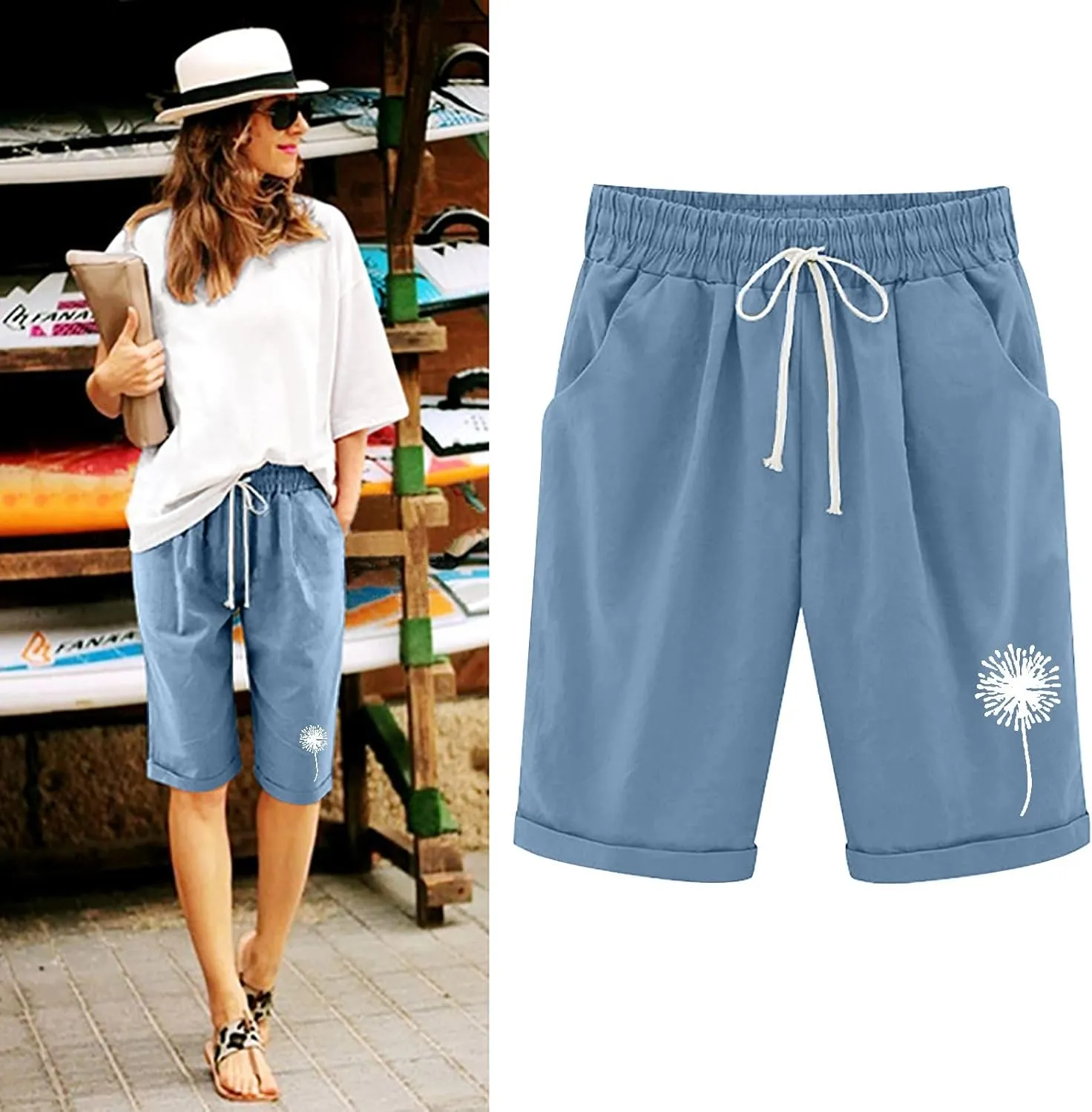 Bermuda Shorts for Women Cotton Linen Drawstring Summer Elastic High Waisted Shorts Loose Comfy Beach Trendy Shorts