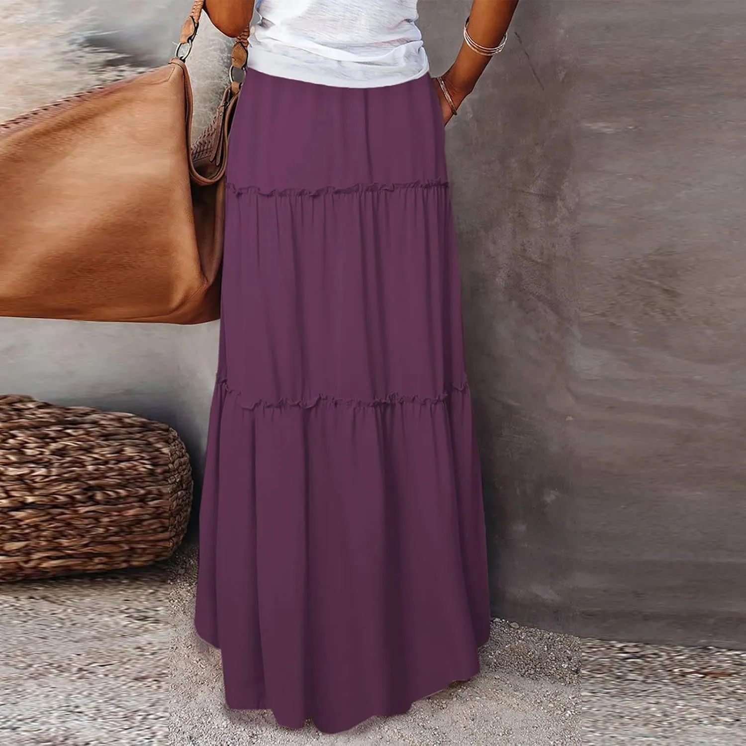 Bohemian Skirts for Women Trendy Business Solid Beach Elastic Waist Country Flutter Vacation Flowy Boho Skirts for Women