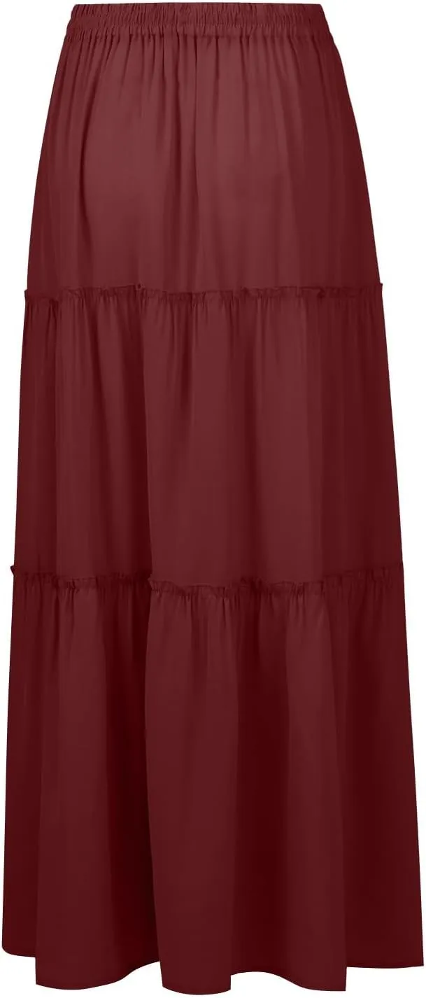 Bohemian Skirts for Women Trendy Business Solid Beach Elastic Waist Country Flutter Vacation Flowy Boho Skirts for Women