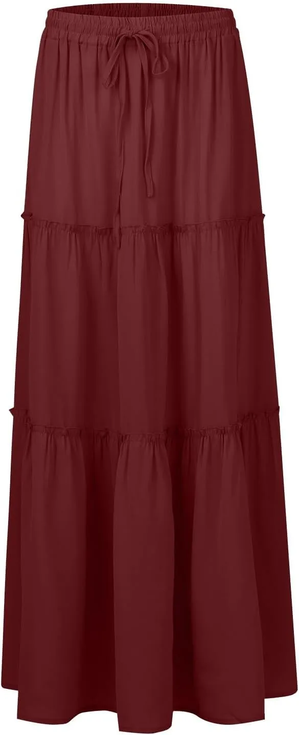 Bohemian Skirts for Women Trendy Business Solid Beach Elastic Waist Country Flutter Vacation Flowy Boho Skirts for Women