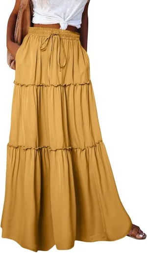 Bohemian Skirts for Women Trendy Business Solid Beach Elastic Waist Country Flutter Vacation Flowy Boho Skirts for Women