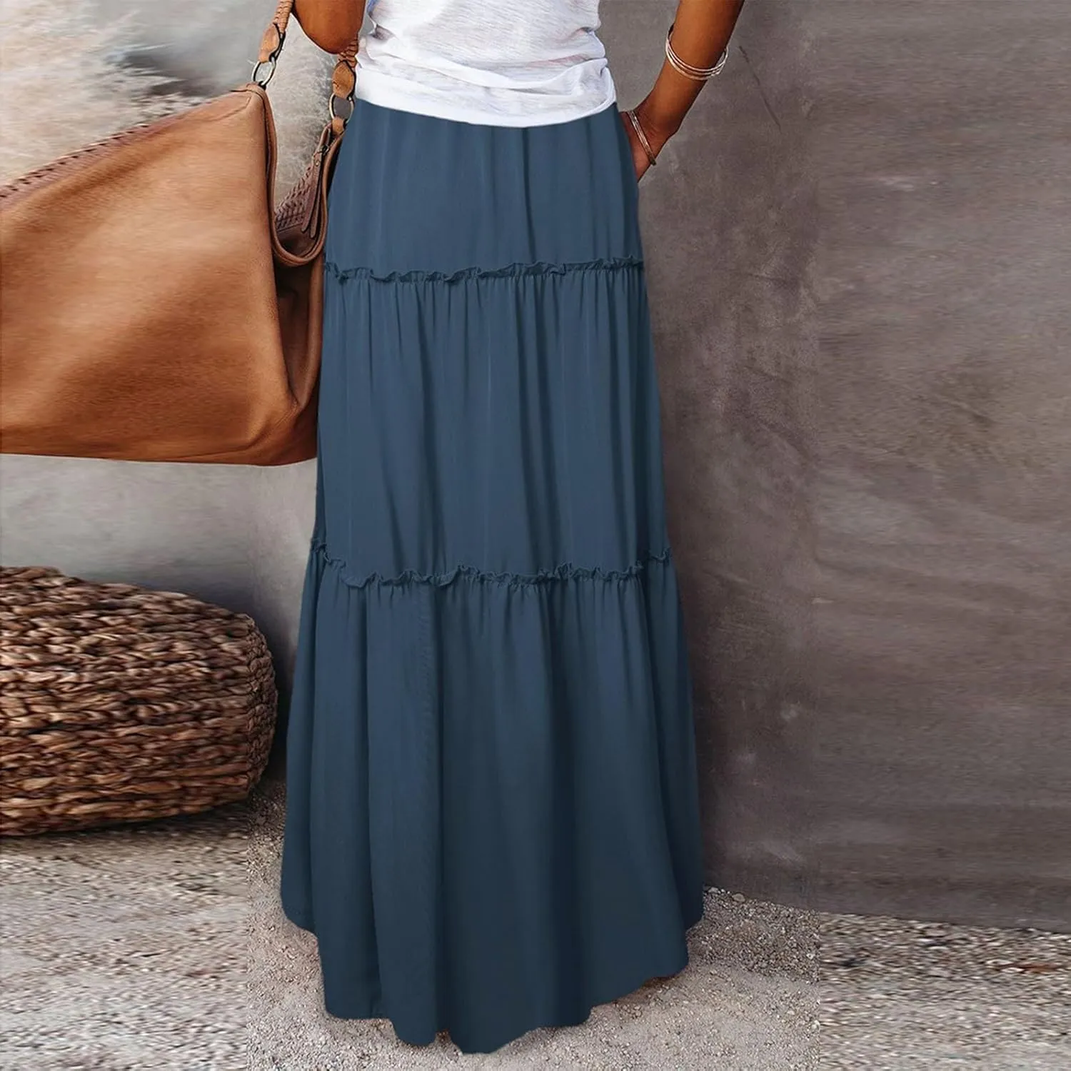 Bohemian Skirts for Women Trendy Business Solid Beach Elastic Waist Country Flutter Vacation Flowy Boho Skirts for Women