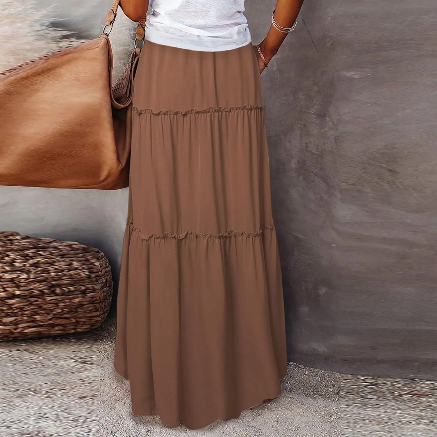 Bohemian Skirts for Women Trendy Business Solid Beach Elastic Waist Country Flutter Vacation Flowy Boho Skirts for Women