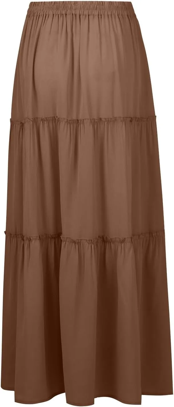 Bohemian Skirts for Women Trendy Business Solid Beach Elastic Waist Country Flutter Vacation Flowy Boho Skirts for Women