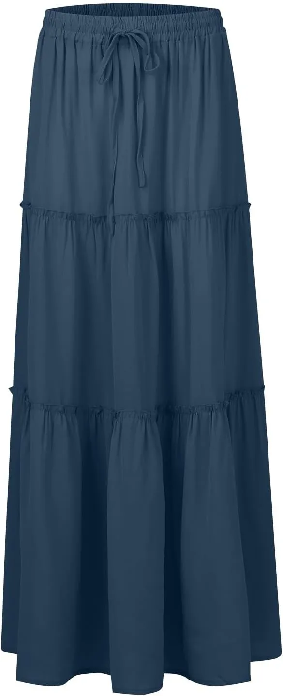 Bohemian Skirts for Women Trendy Business Solid Beach Elastic Waist Country Flutter Vacation Flowy Boho Skirts for Women