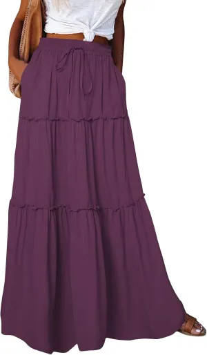 Bohemian Skirts for Women Trendy Business Solid Beach Elastic Waist Country Flutter Vacation Flowy Boho Skirts for Women