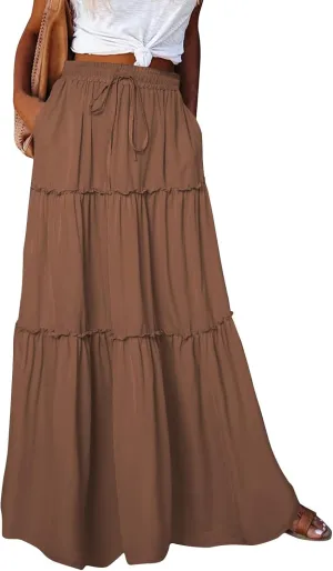 Bohemian Skirts for Women Trendy Business Solid Beach Elastic Waist Country Flutter Vacation Flowy Boho Skirts for Women