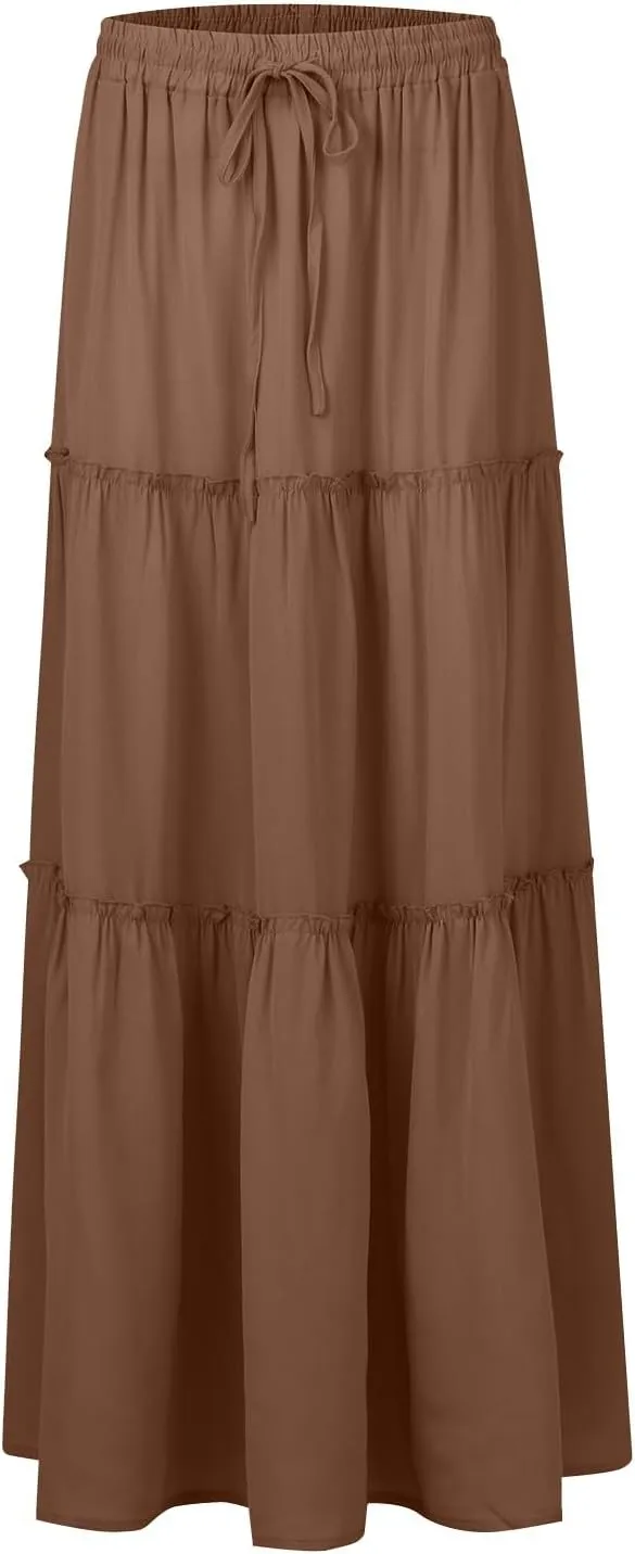 Bohemian Skirts for Women Trendy Business Solid Beach Elastic Waist Country Flutter Vacation Flowy Boho Skirts for Women