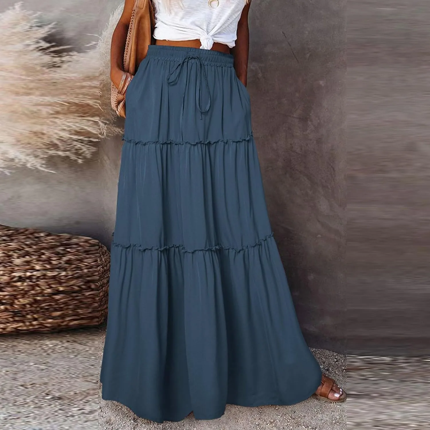 Bohemian Skirts for Women Trendy Business Solid Beach Elastic Waist Country Flutter Vacation Flowy Boho Skirts for Women