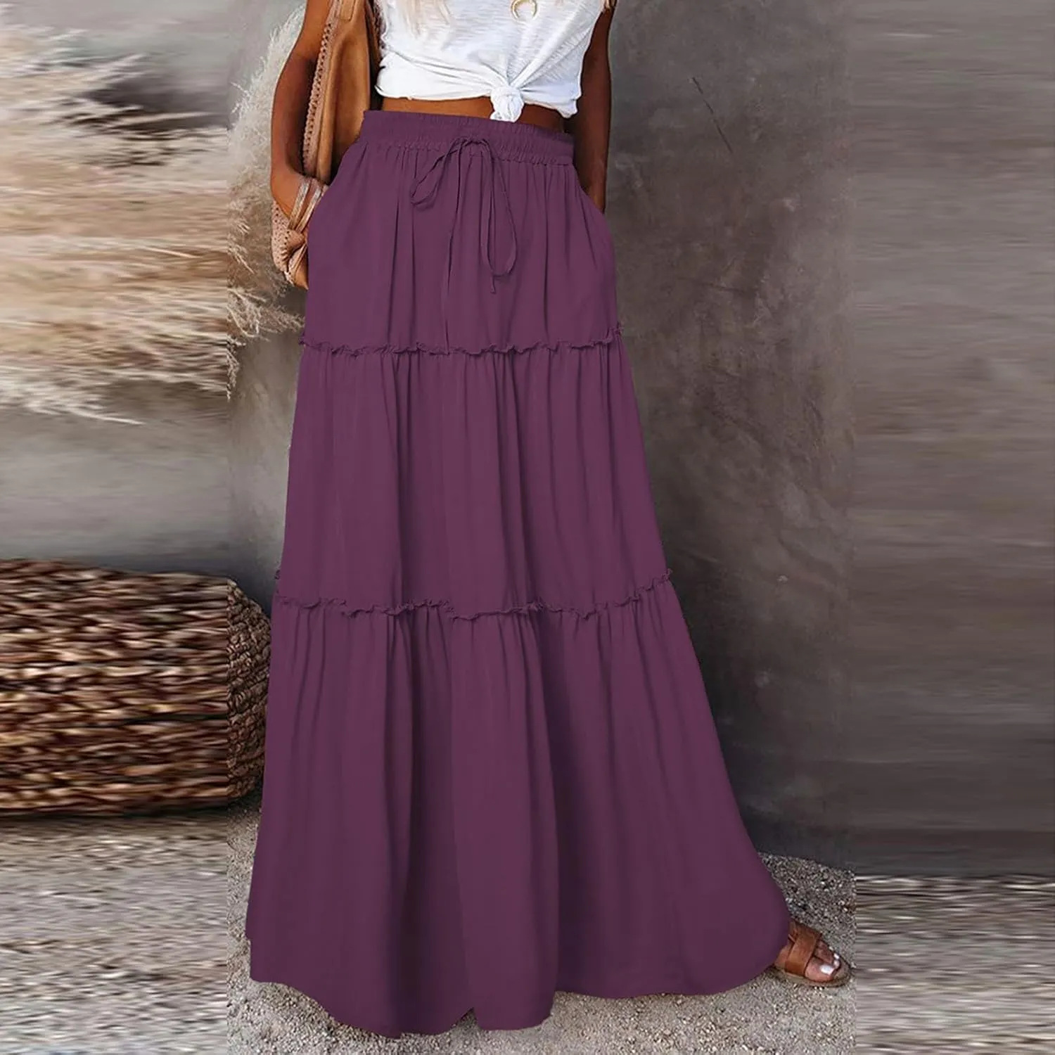 Bohemian Skirts for Women Trendy Business Solid Beach Elastic Waist Country Flutter Vacation Flowy Boho Skirts for Women