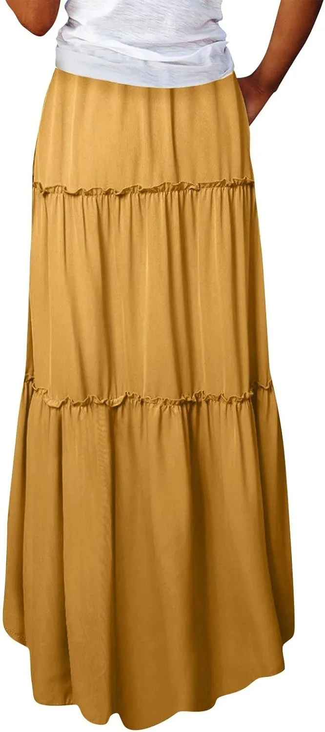 Bohemian Skirts for Women Trendy Business Solid Beach Elastic Waist Country Flutter Vacation Flowy Boho Skirts for Women