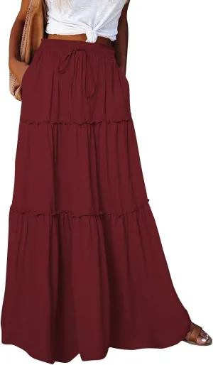 Bohemian Skirts for Women Trendy Business Solid Beach Elastic Waist Country Flutter Vacation Flowy Boho Skirts for Women