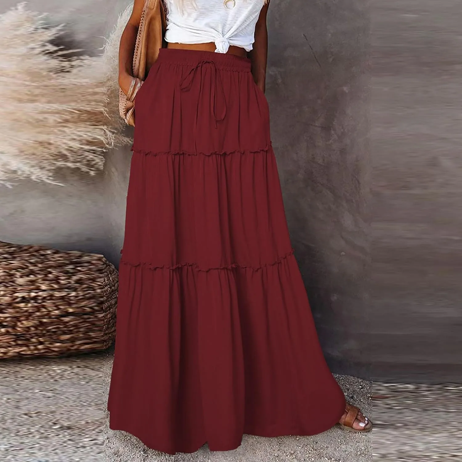 Bohemian Skirts for Women Trendy Business Solid Beach Elastic Waist Country Flutter Vacation Flowy Boho Skirts for Women