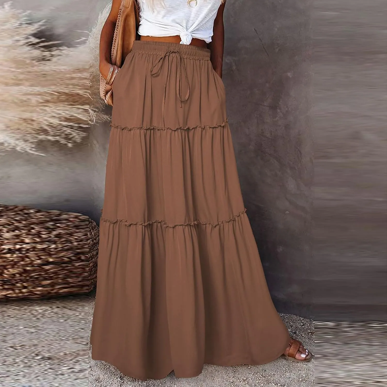Bohemian Skirts for Women Trendy Business Solid Beach Elastic Waist Country Flutter Vacation Flowy Boho Skirts for Women