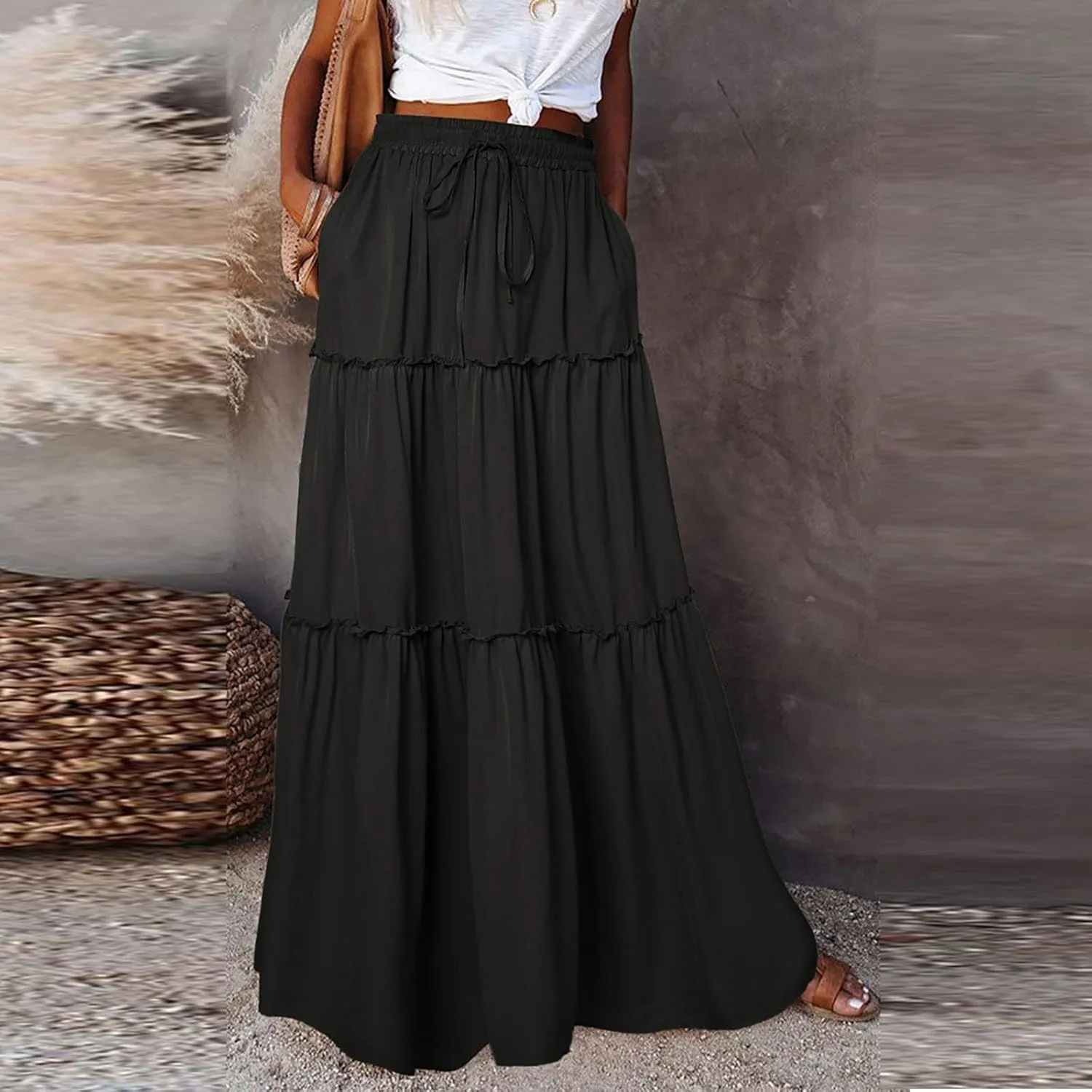 Bohemian Skirts for Women Trendy Business Solid Beach Elastic Waist Country Flutter Vacation Flowy Boho Skirts for Women