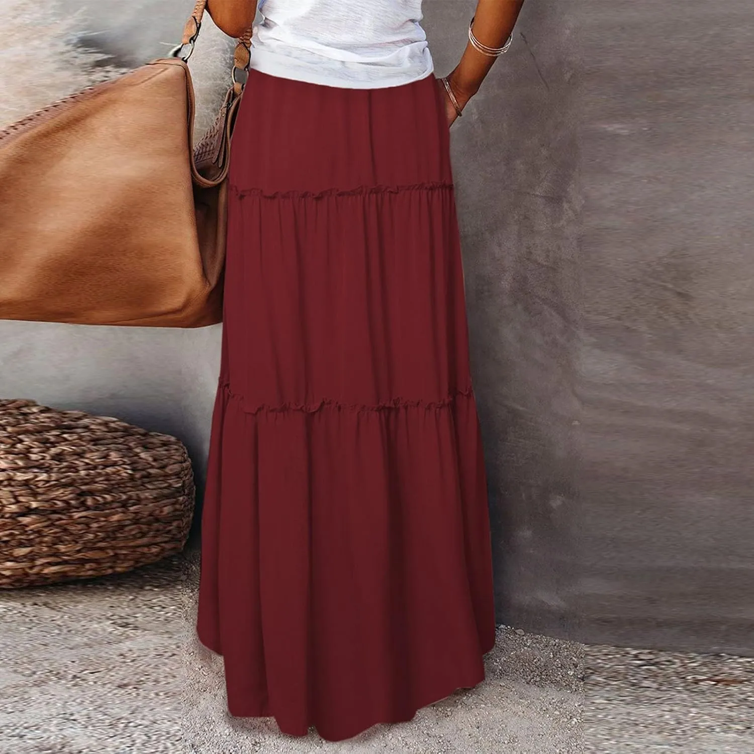 Bohemian Skirts for Women Trendy Business Solid Beach Elastic Waist Country Flutter Vacation Flowy Boho Skirts for Women