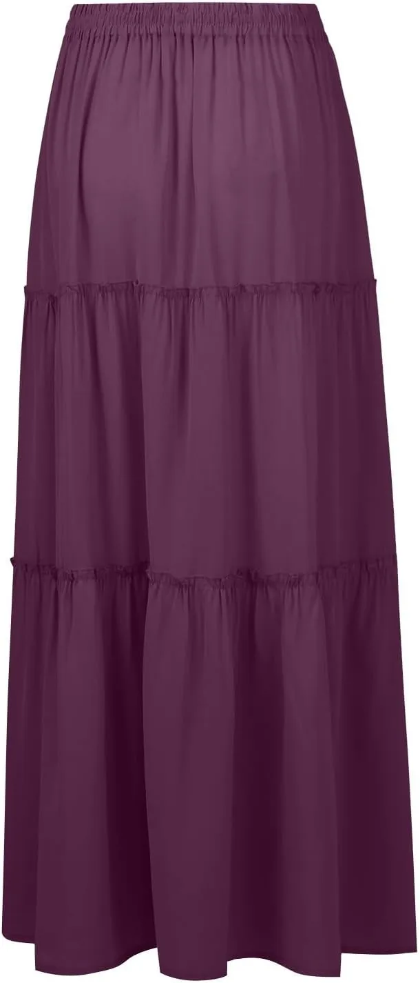 Bohemian Skirts for Women Trendy Business Solid Beach Elastic Waist Country Flutter Vacation Flowy Boho Skirts for Women