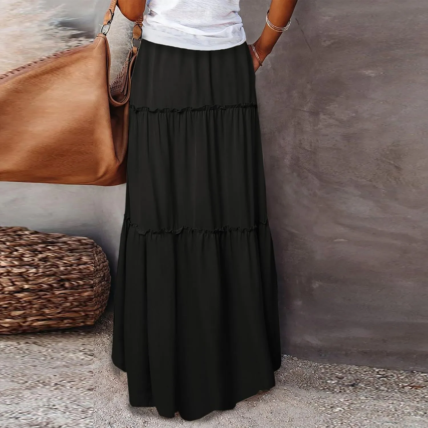 Bohemian Skirts for Women Trendy Business Solid Beach Elastic Waist Country Flutter Vacation Flowy Boho Skirts for Women
