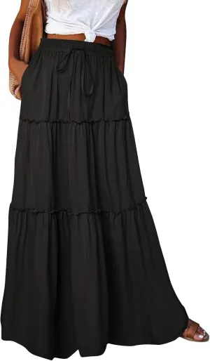 Bohemian Skirts for Women Trendy Business Solid Beach Elastic Waist Country Flutter Vacation Flowy Boho Skirts for Women