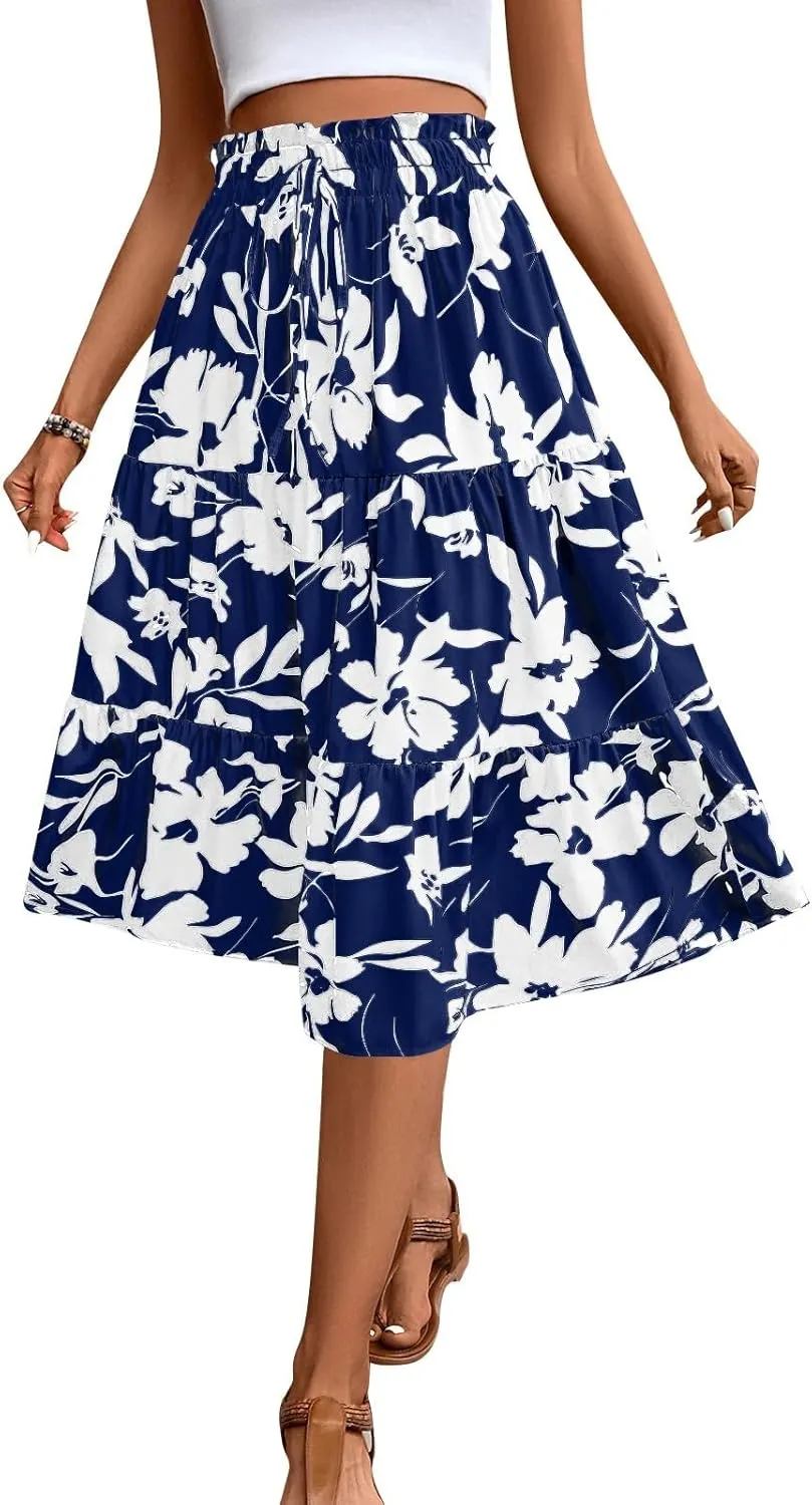 Boho Midi Skirts for Women Summer Layered Tiered Drawstring High Waist Above Knee Skirts Aline Work Floral Print Skirt