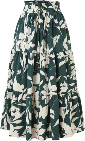 Boho Midi Skirts for Women Summer Layered Tiered Drawstring High Waist Above Knee Skirts Aline Work Floral Print Skirt