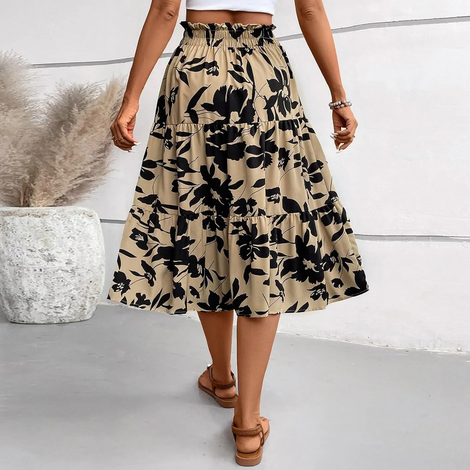 Boho Midi Skirts for Women Summer Layered Tiered Drawstring High Waist Above Knee Skirts Aline Work Floral Print Skirt