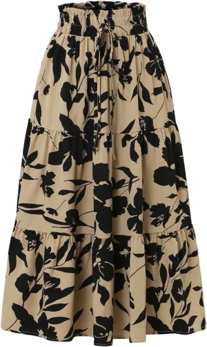 Boho Midi Skirts for Women Summer Layered Tiered Drawstring High Waist Above Knee Skirts Aline Work Floral Print Skirt