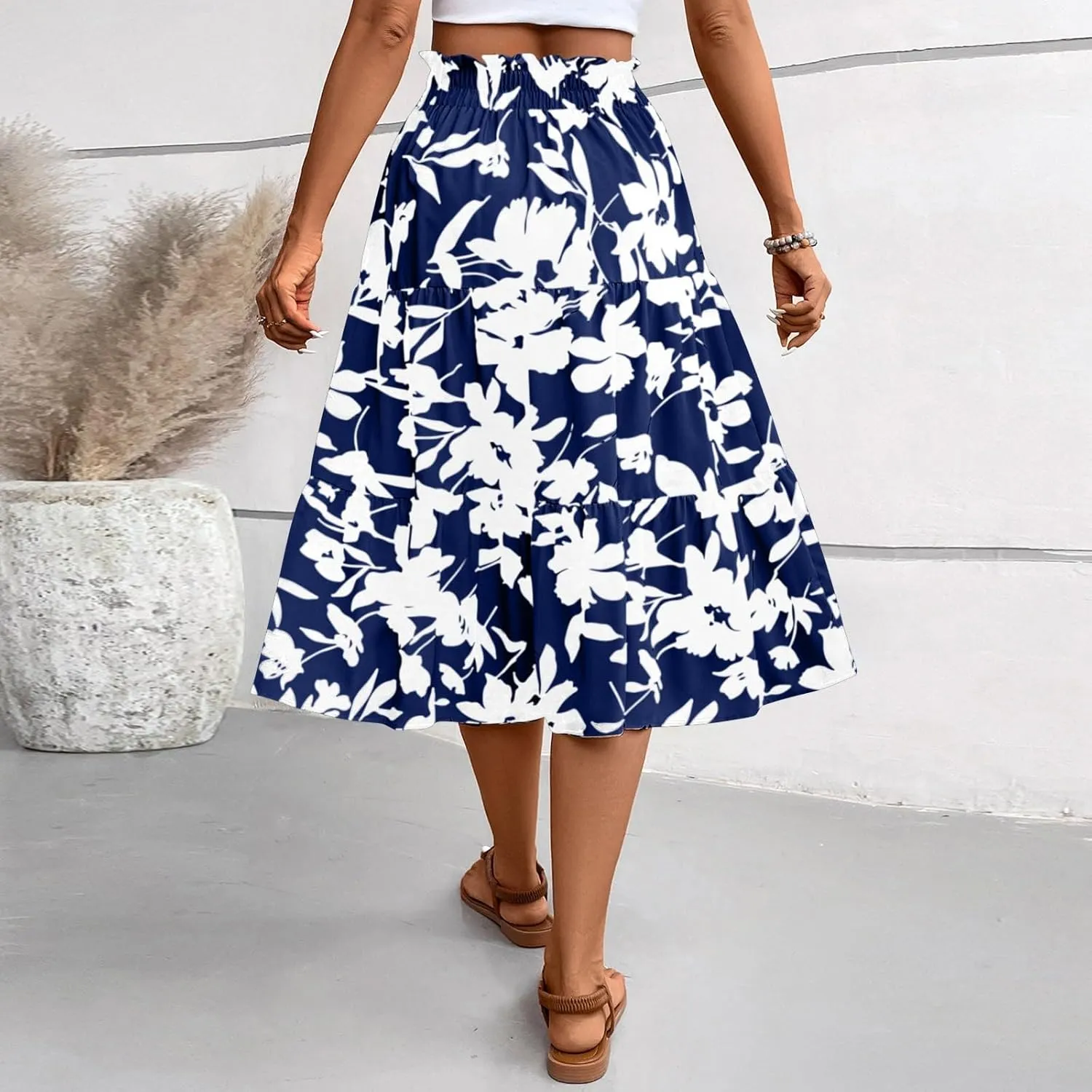 Boho Midi Skirts for Women Summer Layered Tiered Drawstring High Waist Above Knee Skirts Aline Work Floral Print Skirt