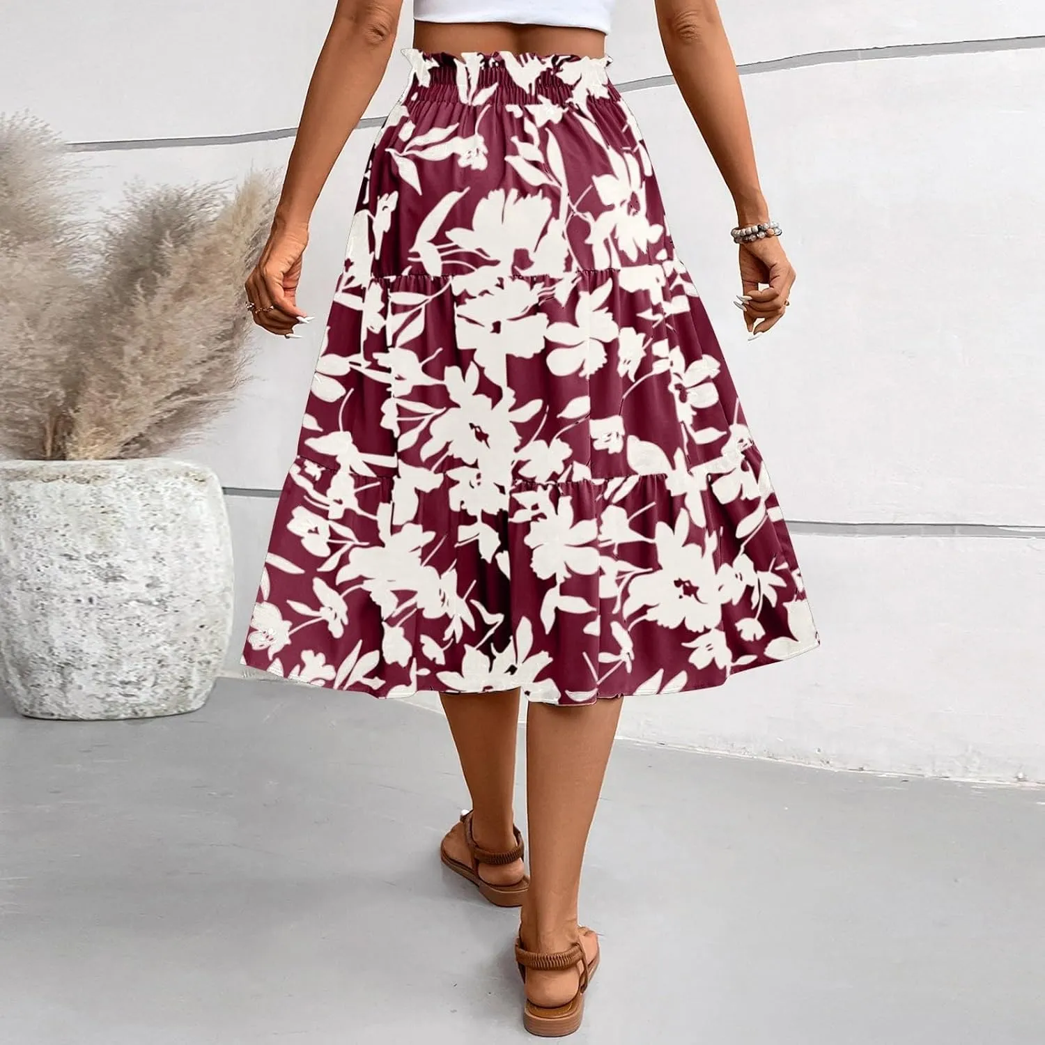 Boho Midi Skirts for Women Summer Layered Tiered Drawstring High Waist Above Knee Skirts Aline Work Floral Print Skirt