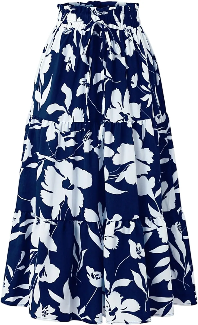 Boho Midi Skirts for Women Summer Layered Tiered Drawstring High Waist Above Knee Skirts Aline Work Floral Print Skirt