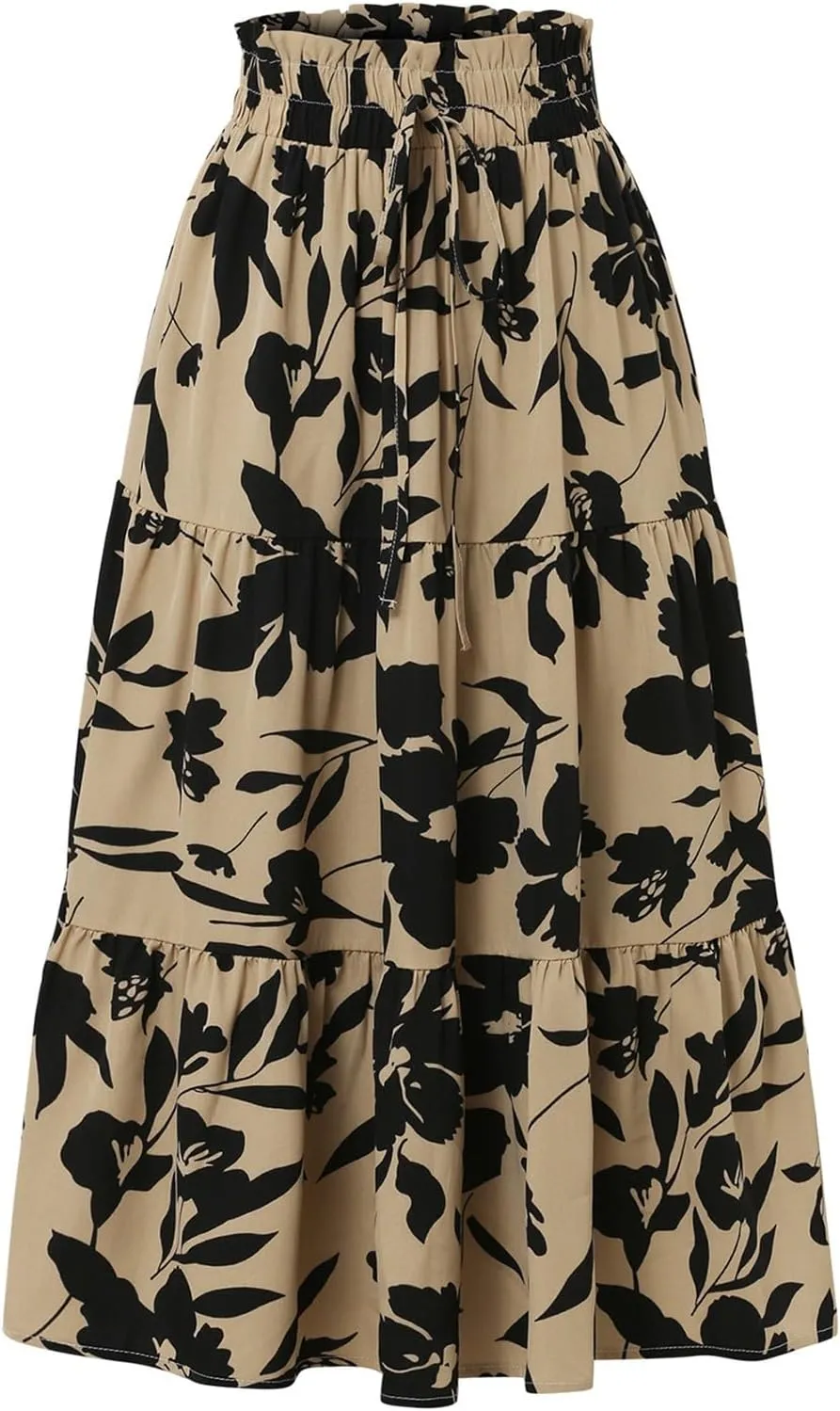 Boho Midi Skirts for Women Summer Layered Tiered Drawstring High Waist Above Knee Skirts Aline Work Floral Print Skirt