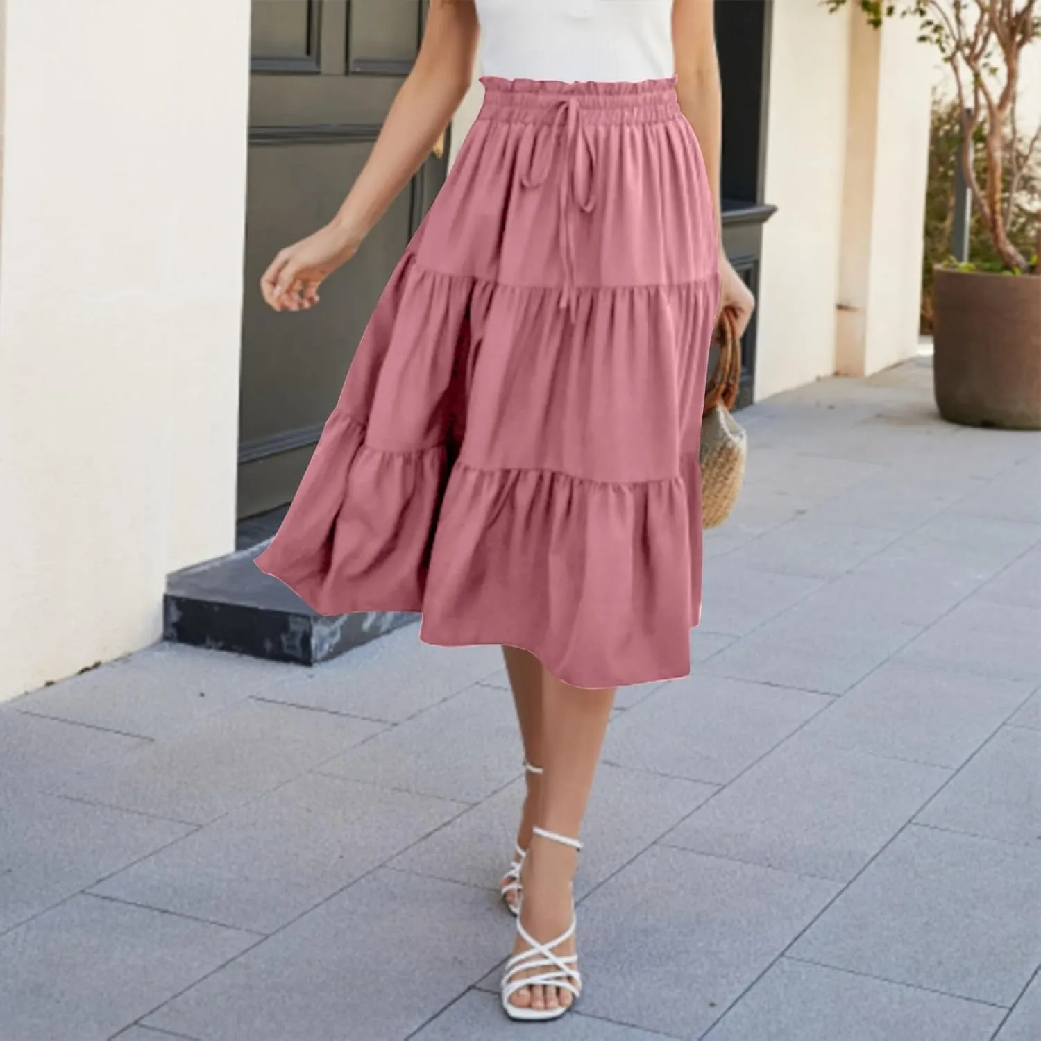 Boho Midi Skirts for Women Summer Layered Tiered Drawstring High Waist Above Knee Skirts Aline Work Floral Print Skirt