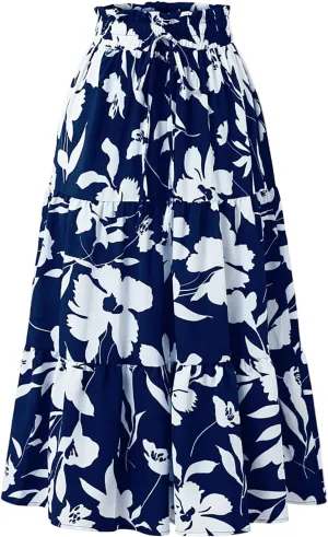 Boho Midi Skirts for Women Summer Layered Tiered Drawstring High Waist Above Knee Skirts Aline Work Floral Print Skirt