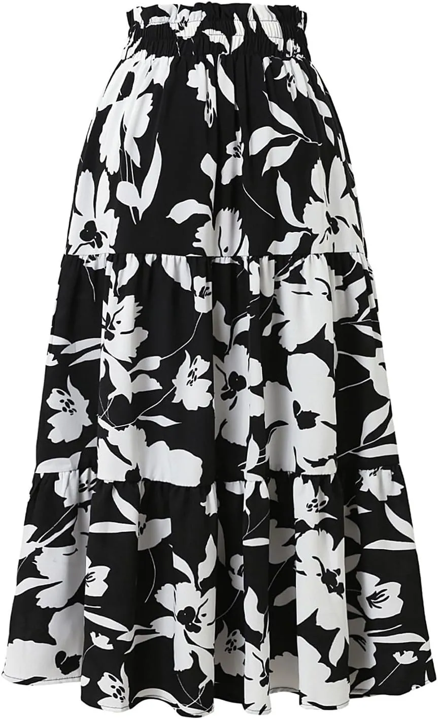 Boho Midi Skirts for Women Summer Layered Tiered Drawstring High Waist Above Knee Skirts Aline Work Floral Print Skirt