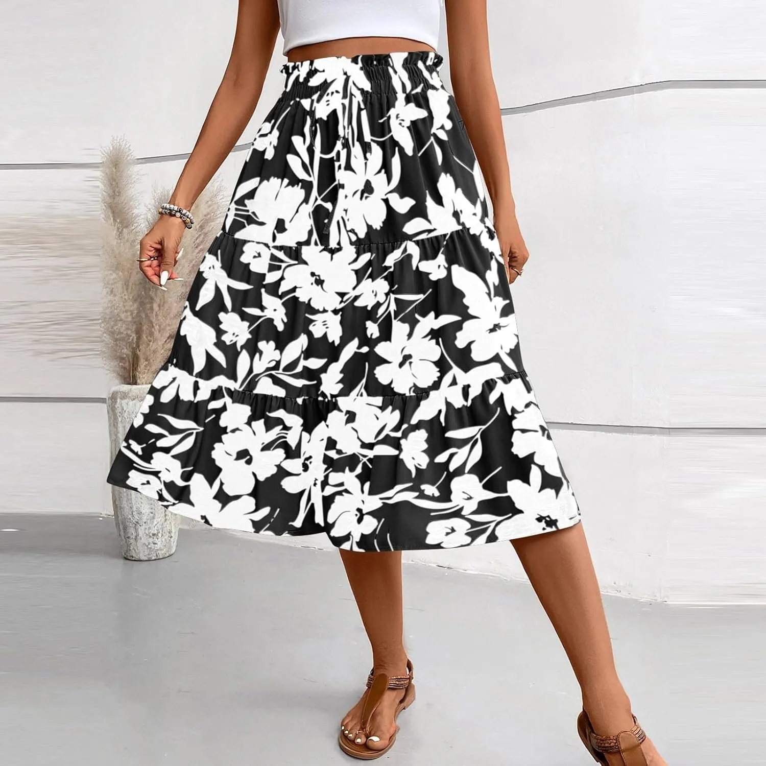 Boho Midi Skirts for Women Summer Layered Tiered Drawstring High Waist Above Knee Skirts Aline Work Floral Print Skirt